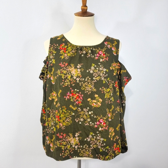 LC Lauren Conrad Tops - Lauren Conrad Dark Olive Green Cold Shoulder Long Sleeve Floral Top